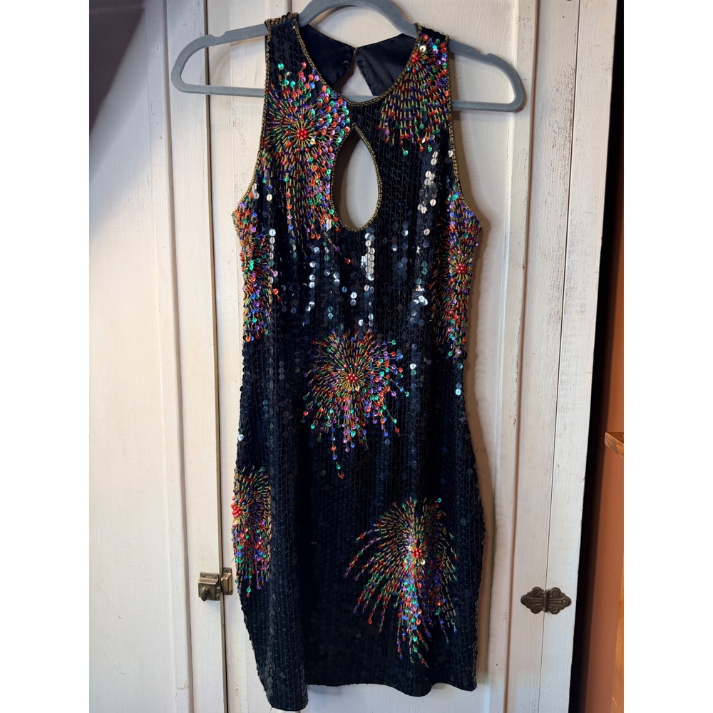 Vintage Black Sequin Firework Beaded Halter Keyhole Back Mini Dress New Years